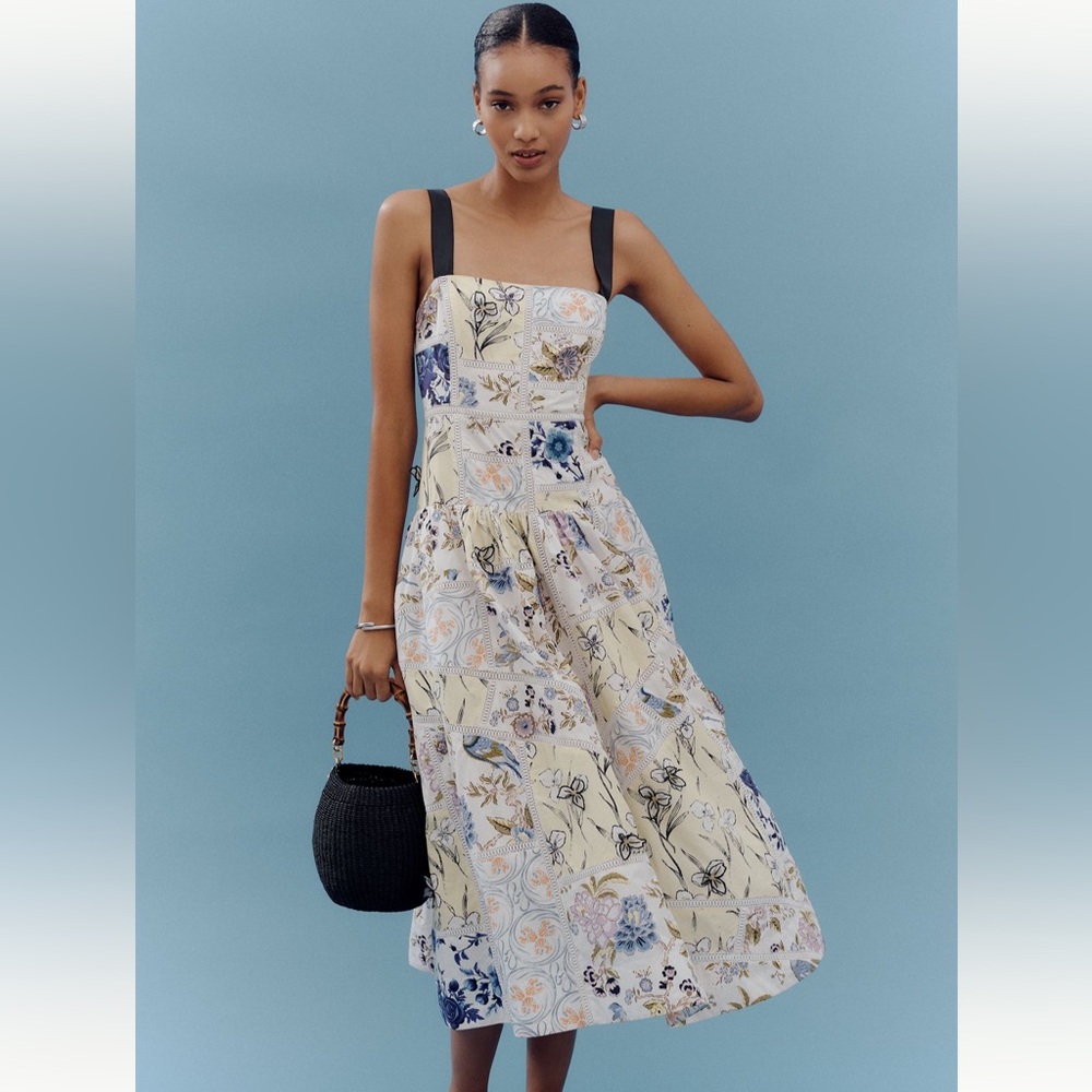 Maeve Cotton Sleeveless Square-Neck Tile Printed Patchwork Midi Dress